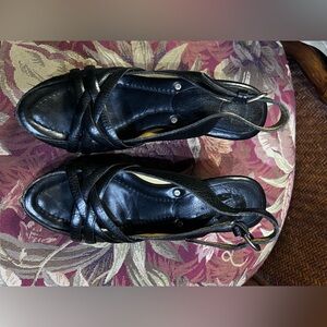 New Frye Black Leather Reese Sling wedge sandal high heeled 8.5